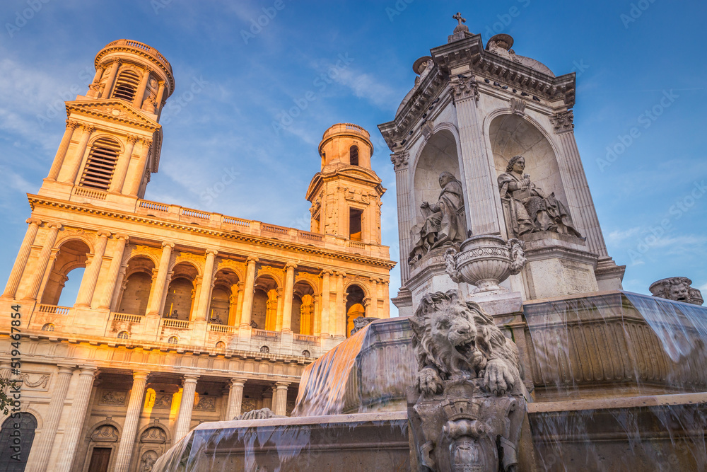 Church of Saint-Sulpice and fountain at sunset, Paris, France