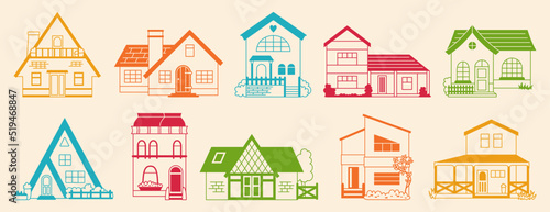 House front flat line doodle set. Colorful facade village or urban, small and tiny houses. Contour modern or vintage cozy buildings symbol. Residential homestead, cottage or villa facades apartment