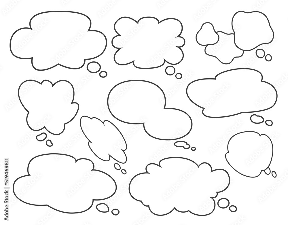 シンプルな手書きの吹き出しセット - 主線あり、雲形、モノローグ、思っていること