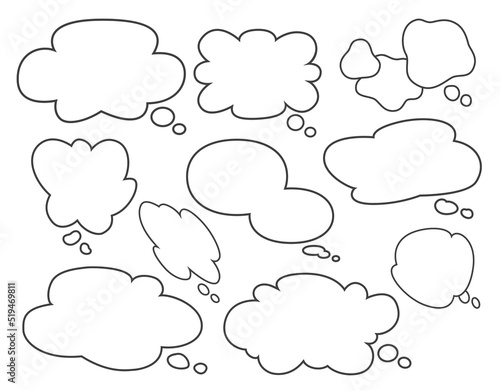 シンプルな手書きの吹き出しセット - 主線あり、雲形、モノローグ、思っていること