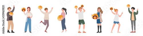 Happy stylish men and women celebrating mid-autumn festival with delicious traditional food: moon cakes