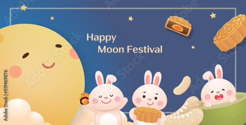 Mid-autumn festival poster, cute and playful bunny mascot cartoon character with moon and moon cake and pomelo