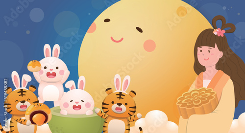 Asian festivals  Mid-autumn festival  poster of beautiful fairy with rabbit and tiger with full moon and moon cake