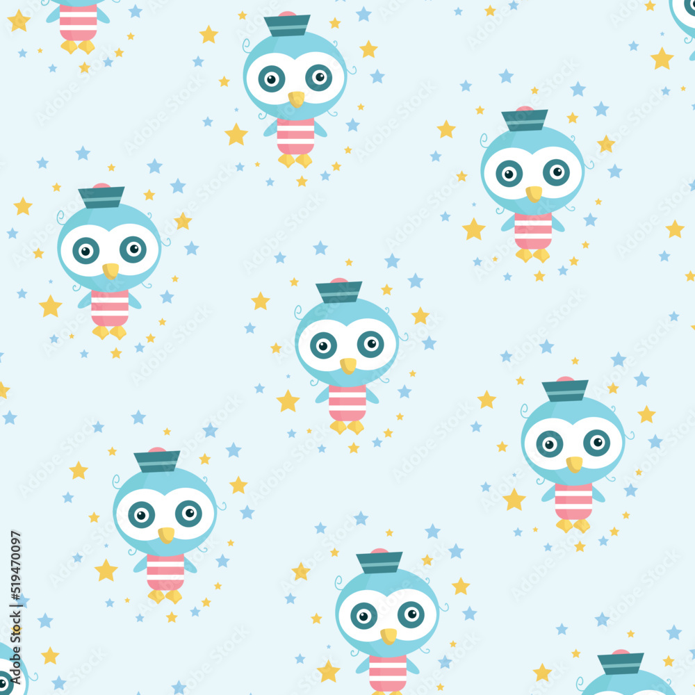 Obraz premium Seamless pattern, cute penguin character vector background on light blue background