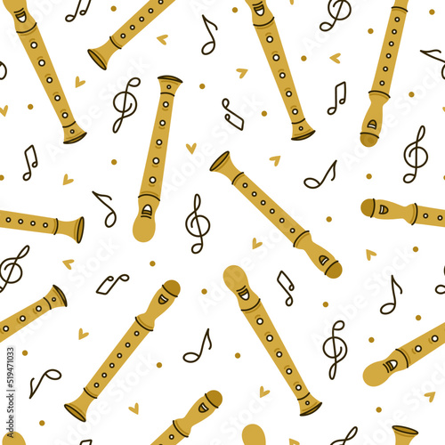 Flute seamless vector pattern. Hand drawn wooden, bamboo block flute. Bright pipes, notes isolated on white. Musical instrument for classical, folk melodies. Flat cartoon background for web, print
