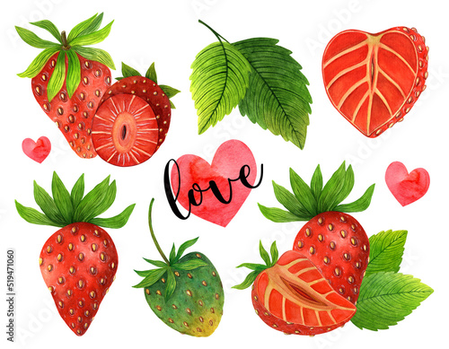 Fototapeta Naklejka Na Ścianę i Meble -  Fresh summer strawberry watercolor set. Whole berry, cut in half, juicy leaves, unripe fruit. Hand drawn illustration isolated on white. Wild, garden dessert for cards, posters, print, web