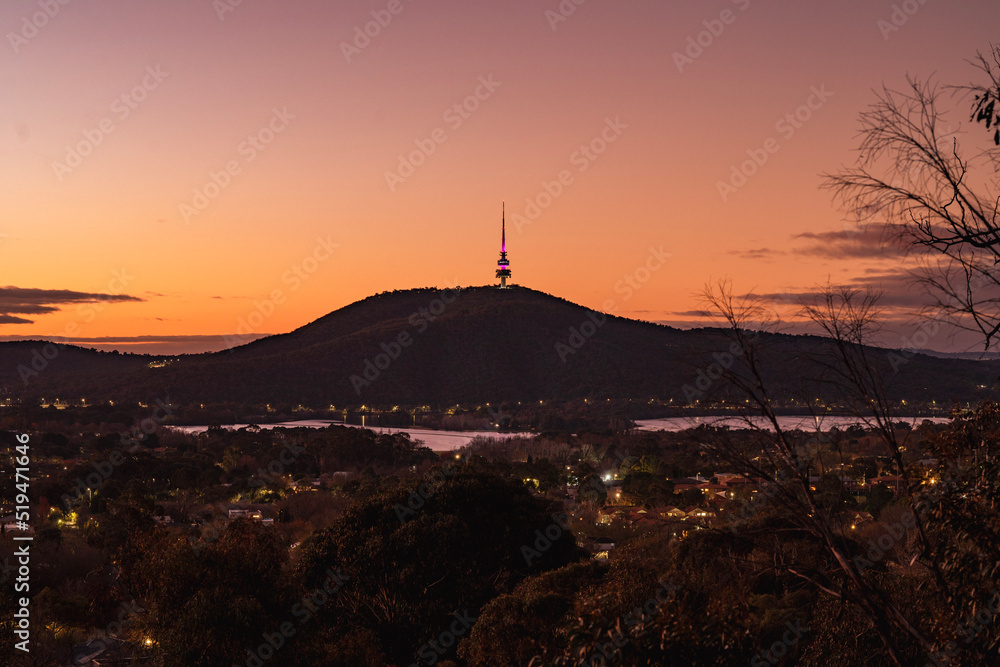 black mountain Telstra tower sunset seen from Red Hill Canberra