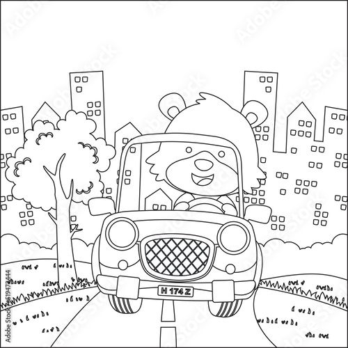 Cute little fox cartoon having fun driving off road car on sunny day. Cartoon isolated vector illustration, Creative vector Childish design for kids activity colouring book or page.