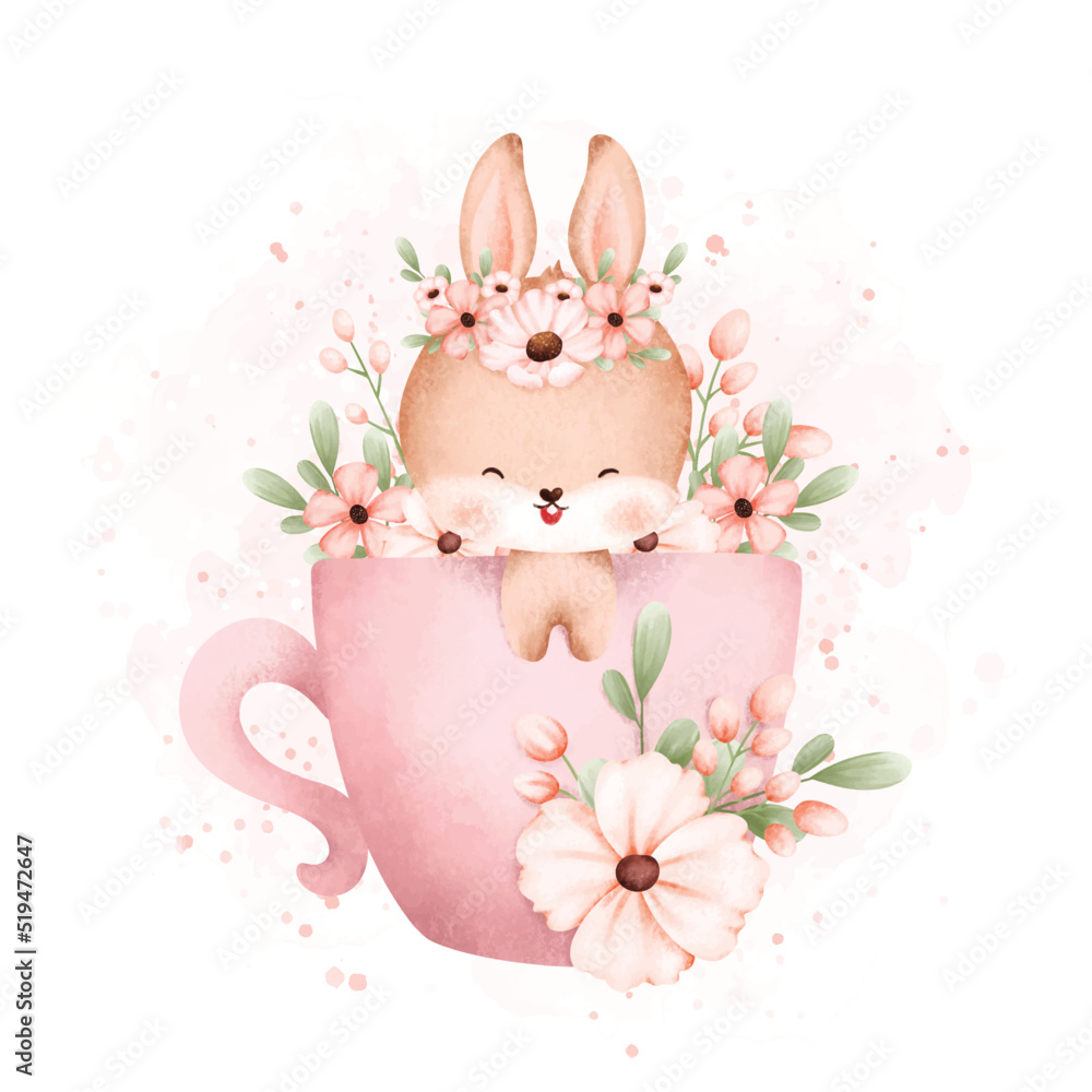 Watercolor Illustration Cute baby rabbit in cup of flowers Watercolor Illustration Cute baby rabbit in cup of flowers