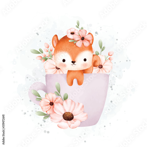 Watercolor Illustration Cute baby squirrel in cup of flowers 
