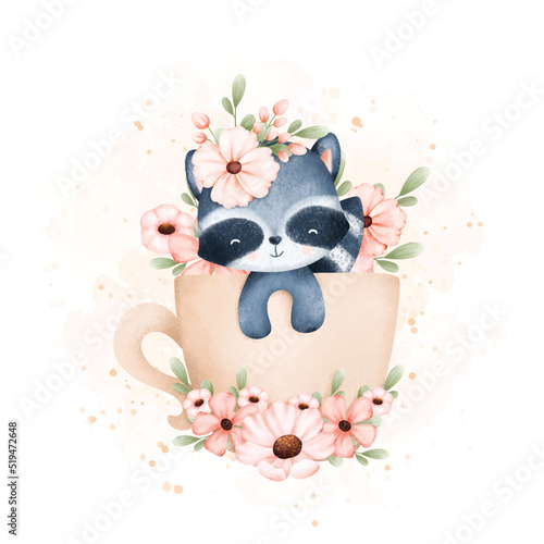 Watercolor Illustration Cute baby raccoon in cup of flowers 