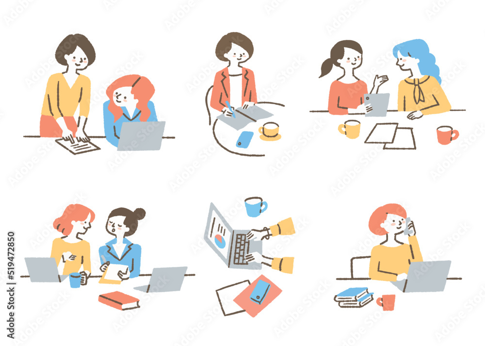 机で仕事をしている女性たち_セット_色