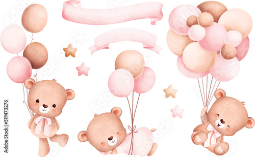Watercolor Illustration set of baby bear and balloons