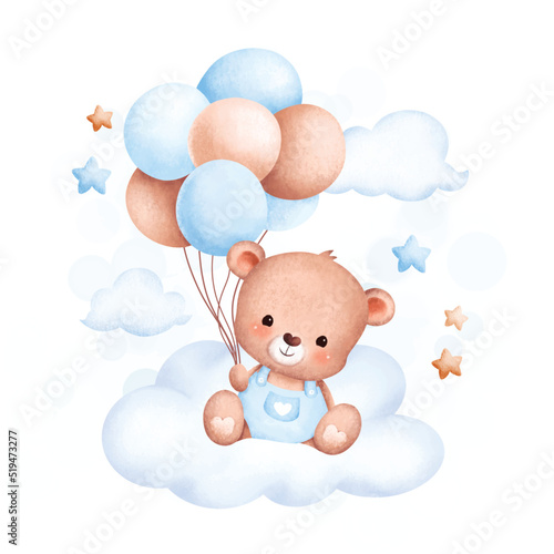 Watercolor Illustration Cute baby bear and balloons sitting on cloud