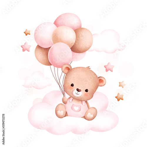 Watercolor Illustration Cute baby bear and balloons sitting on cloud