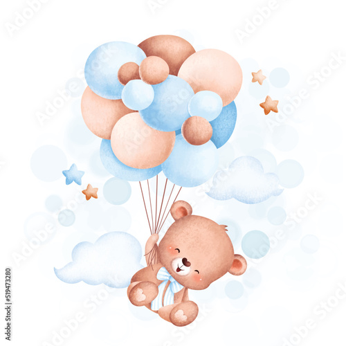 Watercolor Illustration Cute baby bear flying with balloons