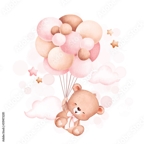 Watercolor Illustration Cute baby bear flying with balloons