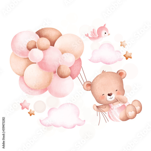 Watercolor Illustration Cute baby bear flying with balloons