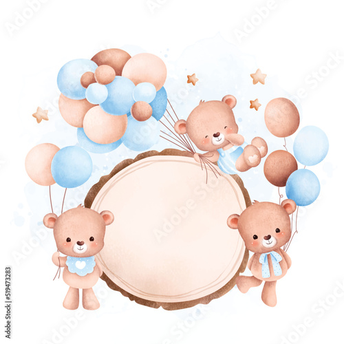 Watercolor Illustration Cute baby bear with balloons and wooden board 