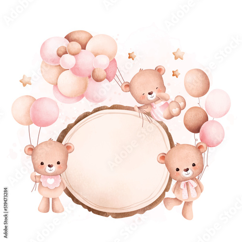 Watercolor Illustration Cute baby bear with balloons and wooden board 