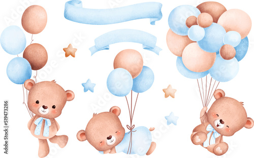 Watercolor Illustration set of baby bear and balloons