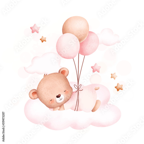 Watercolor Illustration Cute baby bear and balloons sleeping on cloud