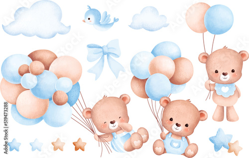Watercolor Illustration set of baby bear and balloons photo
