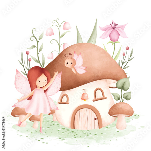 Watercolor Illustration Fairy Garden and Mushroon House