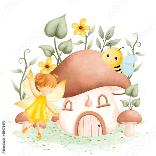 Watercolor Illustration Fairy Garden and Mushroon House