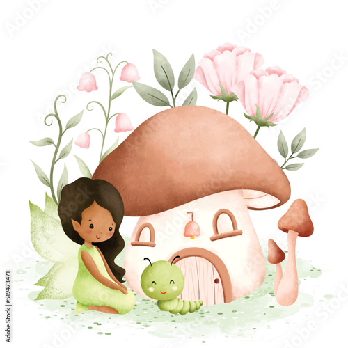 Watercolor Illustration Fairy Garden and Mushroon House