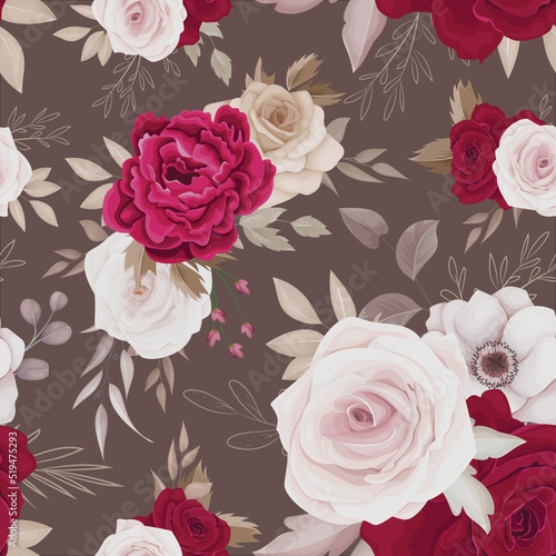 Floral seamless pattern of brown and maroon roses and leaves arrangements © mariadeta