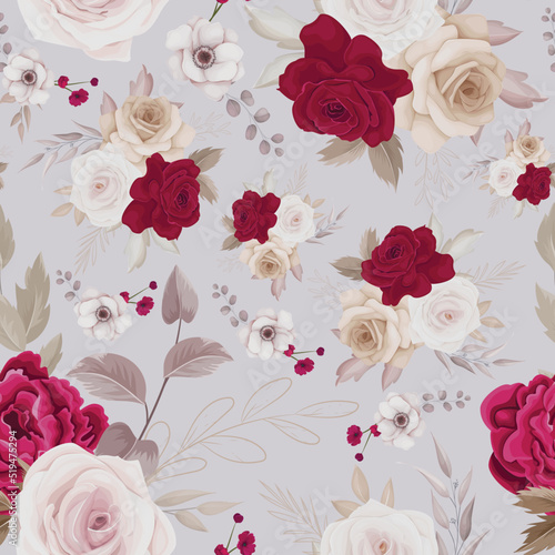 Floral seamless pattern of brown and maroon roses and leaves arrangements