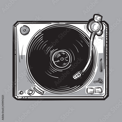 Drawn monochrome musical turntable vinyl record player