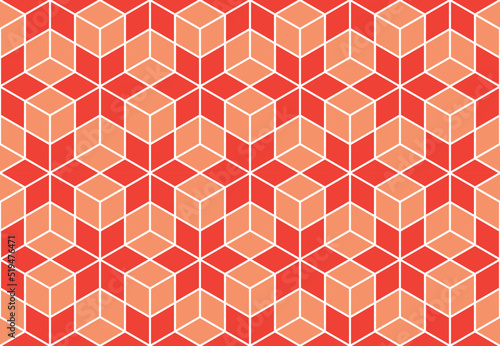 Red star shape repeating pattern with orange color 3d effect cubes and white outline, geometric vector illustration