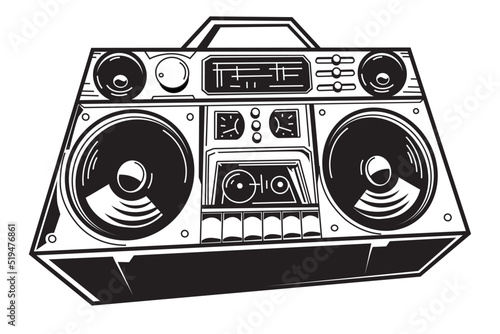 Black and white retro boombox tape recorder