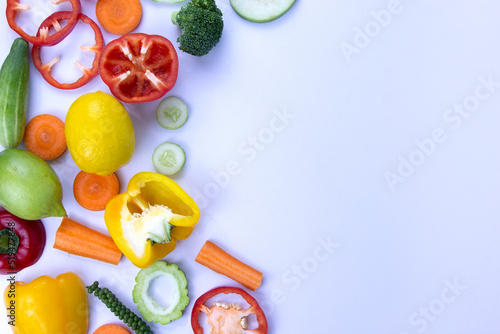 Mixed of Healthy food on white background, Fresh Healthy vegan vegetarian fruits and vegetables, with white space for text filling, used for banner, pattern of food concept