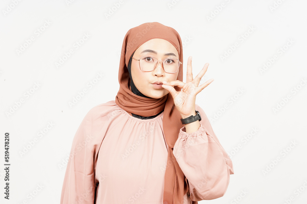 Keep Secret lip shut of Beautiful Asian Woman Wearing Hijab Isolated On White Background Keep Secret lip shut of Beautiful Asian Woman Wearing Hijab Isolated On White Background