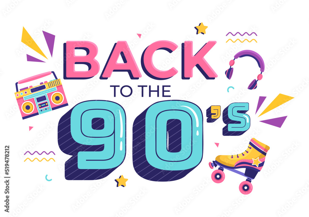 90s Retro Party Cartoon Background Illustration with Nineties Music, Sneakers, Radio, Dance Time and Tape Cassette in Trendy Flat Style Design