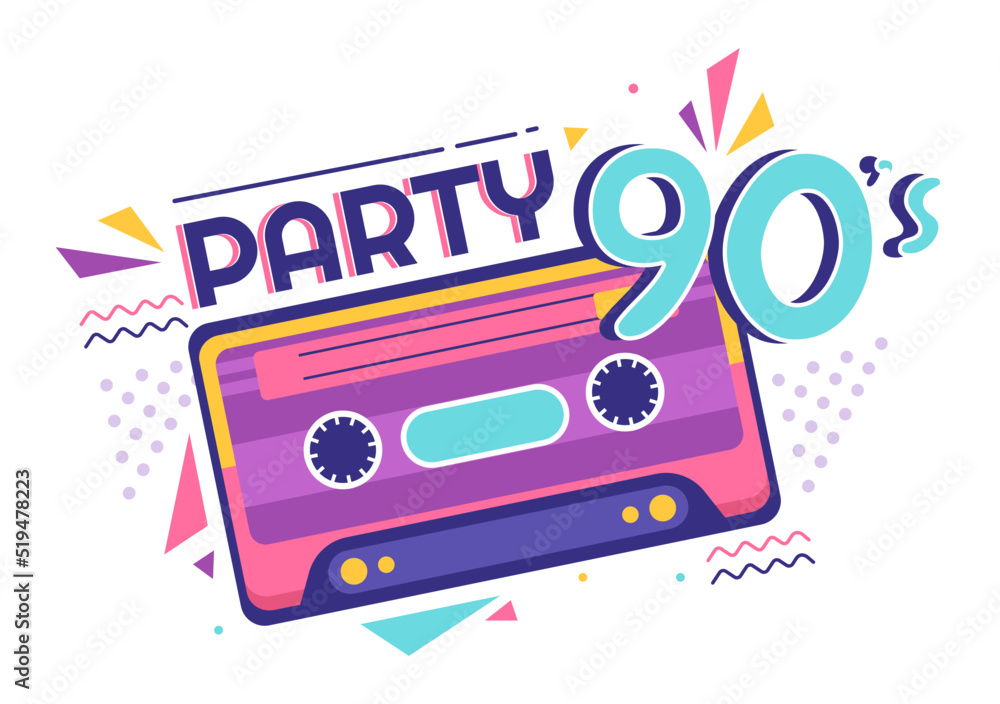 Obraz premium 90s Retro Party Cartoon Background Illustration with Nineties Music, Sneakers, Radio, Dance Time and Tape Cassette in Trendy Flat Style Design