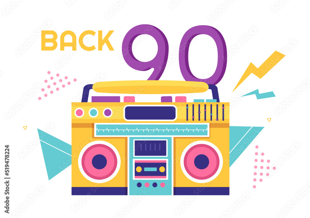 Obraz premium 90s Retro Party Cartoon Background Illustration with Nineties Music, Sneakers, Radio, Dance Time and Tape Cassette in Trendy Flat Style Design