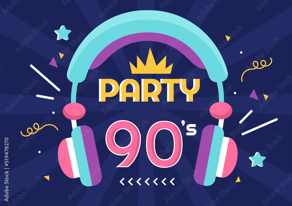 90s Retro Party Cartoon Background Illustration with Nineties Music,  Sneakers, Radio, Dance Time and Tape Cassette in Trendy Flat Style Design  Stock Vector | Adobe Stock