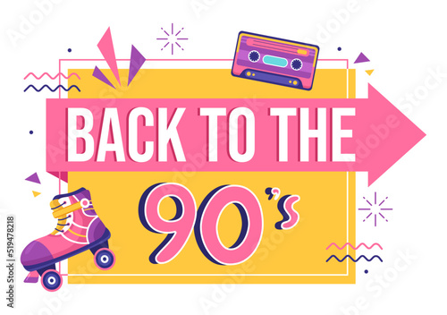 90s Retro Party Cartoon Background Illustration with Nineties Music  Sneakers  Radio  Dance Time and Tape Cassette in Trendy Flat Style Design
