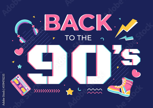90s Retro Party Cartoon Background Illustration with Nineties Music, Sneakers, Radio, Dance Time and Tape Cassette in Trendy Flat Style Design