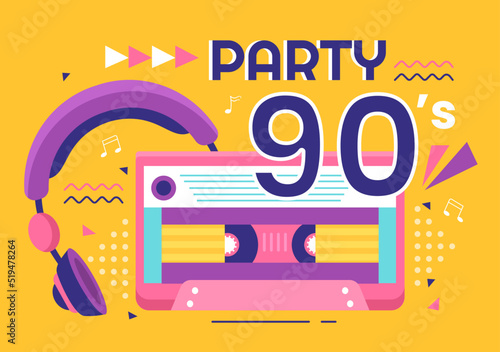 90s Retro Party Cartoon Background Illustration with Nineties Music, Sneakers, Radio, Dance Time and Tape Cassette in Trendy Flat Style Design
