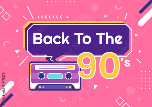 90s Retro Party Cartoon Background Illustration with Nineties Music, Sneakers, Radio, Dance Time and Tape Cassette in Trendy Flat Style Design