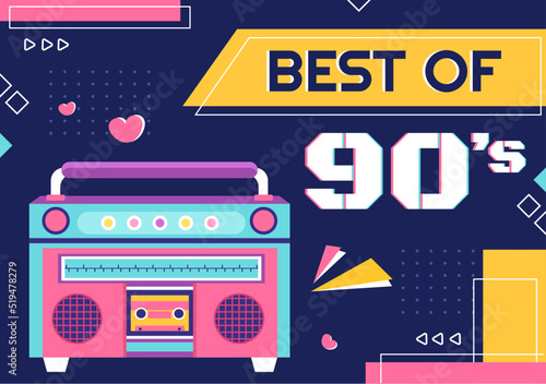 90s Retro Party Cartoon Background Illustration with Nineties Music, Sneakers, Radio, Dance Time and Tape Cassette in Trendy Flat Style Design