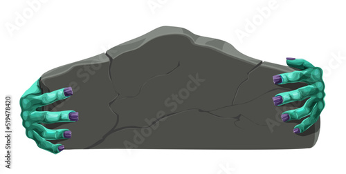 Halloween stone banner with zombie hands. Cartoon vector design with monster palms holding piece of rock. Creepy dead character green fingers with purple talons holding piece tomb or gravestone