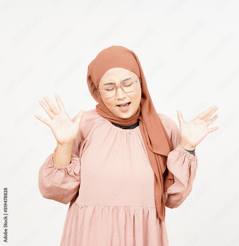 Screaming and angry expression of Beautiful Asian Woman Wearing Hijab Isolated On White Background Screaming and angry expression of Beautiful Asian Woman Wearing Hijab Isolated On White Background