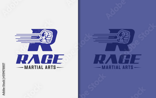 Abstract Initial Letter R with Punch Hand Shape Logo Design. Usable for Sport, Martial Art and Business Brand.