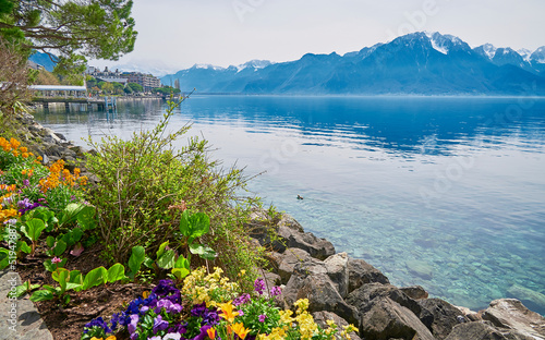A landscape of Lake Geneva on a sunny day from the lakeside promenade at Montreux city, Switzerland